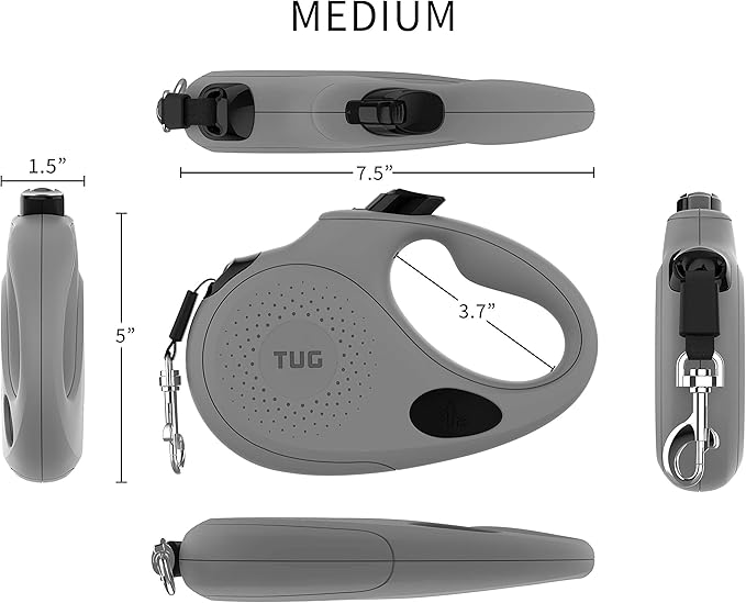 TUG Oval 360° Tangle-Free Retractable Dog Leash with Integrated Waste Bag Dispenser (Medium, Grey)