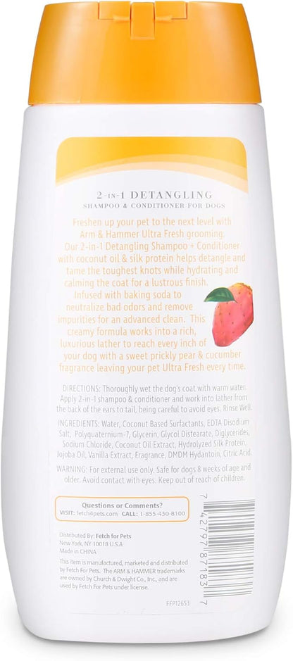 Arm & Hammer Ultra Fresh 2 in 1 Detangling Dog Shampoo and Conditioner with Baking Soda Deodorizer, Moisturizing Pet Wash for Tangles and Odor Control, Cucumber Prickly Pear Scent, 16 Fl Oz
