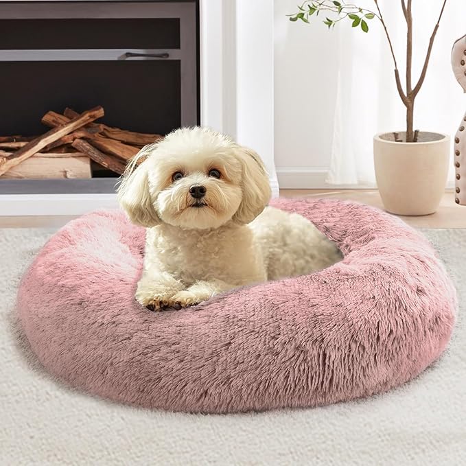 JOLLYVOGUE Calming Dog Bed Medium Size Dog, 31in Donut Washable Medium Pet Bed, Anti-Slip & Anti-Anxiety Fluffy Faux Fur Round Dogs Bed, Fits up to 45 lbs Pets (Dark Pink)