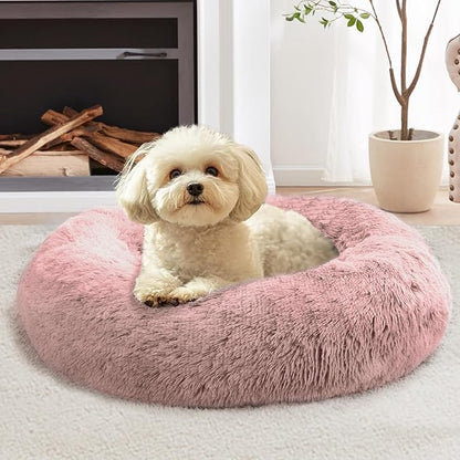 JOLLYVOGUE Calming Dog Bed Medium Size Dog, 31in Donut Washable Medium Pet Bed, Anti-Slip & Anti-Anxiety Fluffy Faux Fur Round Dogs Bed, Fits up to 45 lbs Pets (Dark Pink)