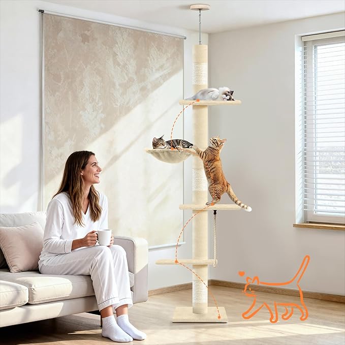 Cat Tree 5-Tier Floor to Ceiling Cat Tower with Cozy Hammock, 89-109 Inch Adjustable Height Sisal Scratching Post, Provides Vertical Enrichment for Jumping & Climbing, Beige