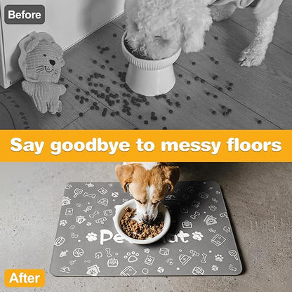 Pet Feeding Mat,Dog Cat Mat for Food and Water,Dog Bowl Waterproof Placemat with Rubber Backing,Absorbent Quick Dry Water Dispenser Mat for Pet（Dark Gray 16"×24"）