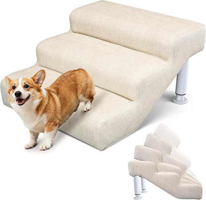 DoCred Adjustable Pet Stairs for Beds & Sofas - 3 Step 11.8"-14.5" H Non-Slip Dog Stairs for Small to Medium Dogs & Cats, Supports up to 150 lbs - Linen Faux Leather Dog Steps