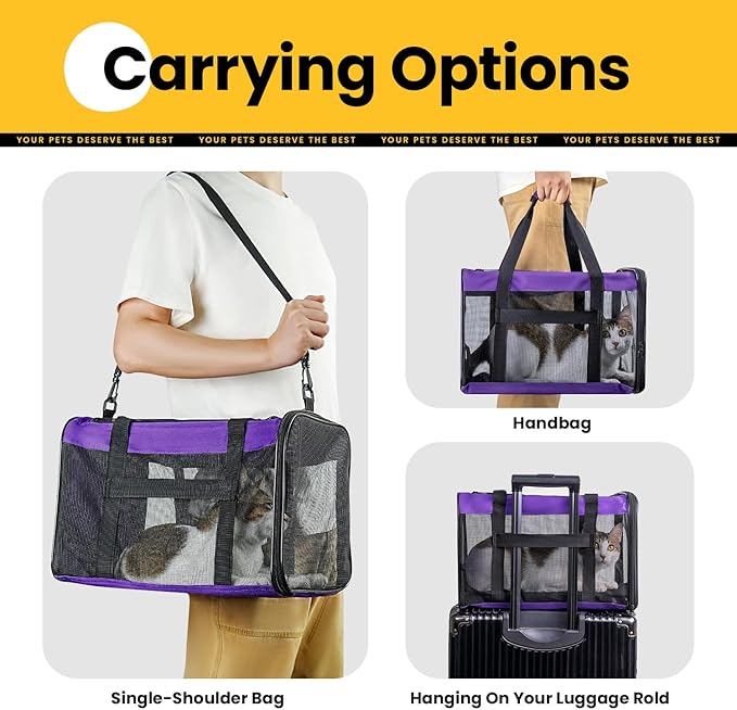 Cat Carrier Bag,Soft-Sided Pet Carriers for Dogs with 4-Sided Mesh,Airline Approved Cat Transport Carrier for Small&Medium Cats Kitten Puppy Up to 15LB,Collapsible Cat Travel Carrier-M,Purple