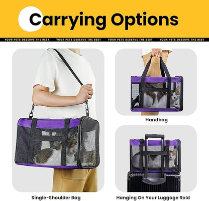 Cat Carrier Bag,Soft-Sided Pet Carriers for Dogs with 4-Sided Mesh,Airline Approved Cat Transport Carrier for Small&Medium Cats Kitten Puppy Up to 15LB,Collapsible Cat Travel Carrier-M,Purple