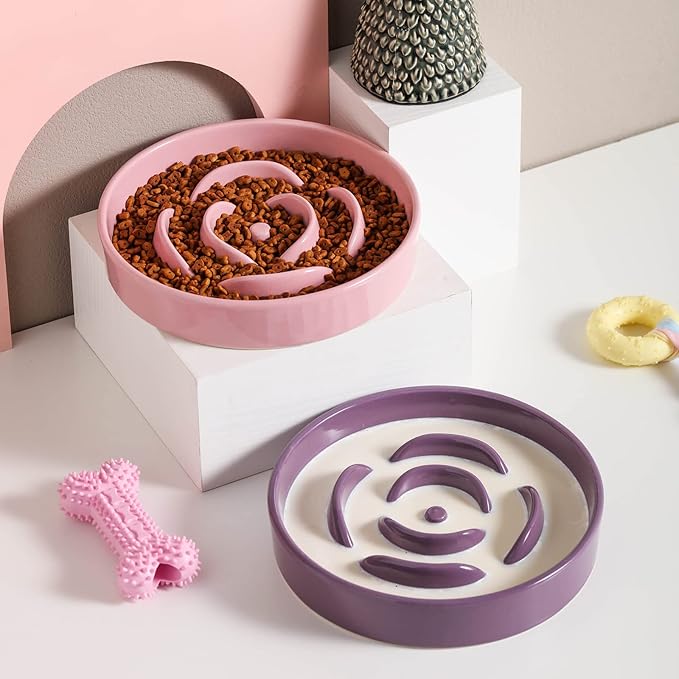 8.66 in Purple Ceramic Slow Feeder Dog Bowl for Medium and Large Breed,Fast Eater Dog Food Water Dish Heavy Wighted,Puppy Bowl for Fast Eaters,Puzzle Slow Eating Dish Modern Cute