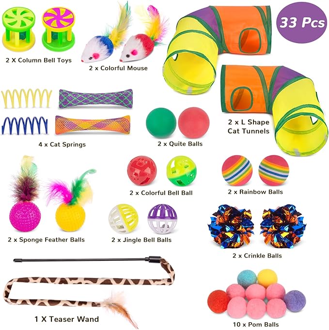Retro Shaw 33Pcs Cat Toys, Large Cat Tunnels with Toys, Interactive Kitten Toys for Indoor Cats Kitty, Collapsible Cat Tube Tent Feather Wand Teaser Bell Fuzzy Ball Crinkly Springs Mouse
