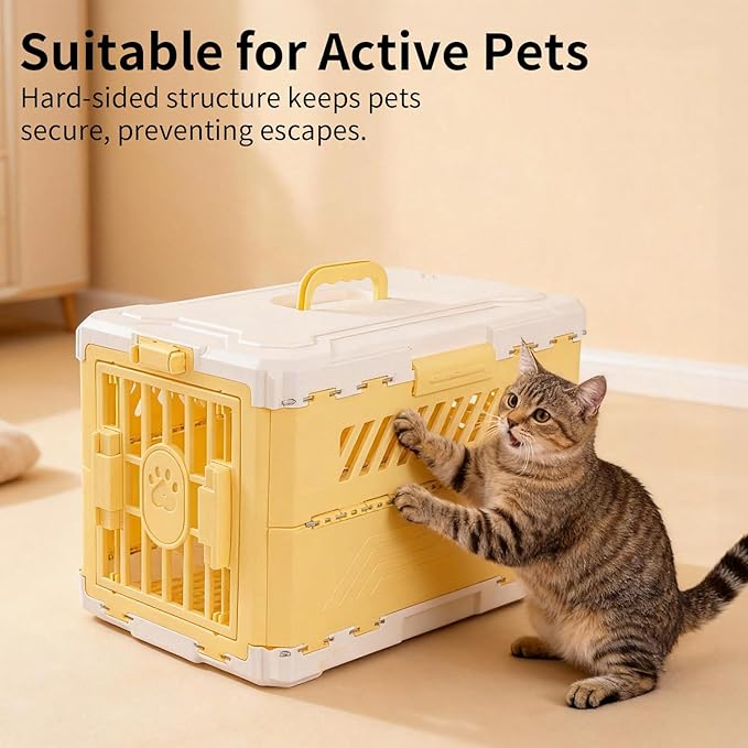 Collapsible Cat and Dog Cage - Durable Hard-Sided Carrier with Easy Unfolding, Space-Saving Design, and Comfortable Interior for Medium and Small Pets(Cream Yellow)