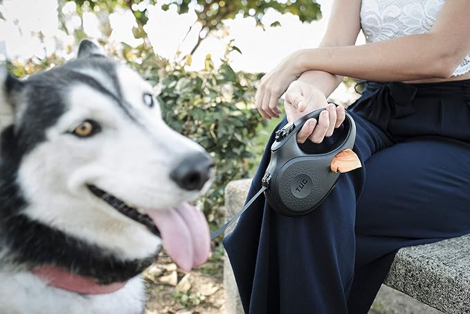 TUG Oval 360° Tangle-Free Retractable Dog Leash with Integrated Waste Bag Dispenser (Large, Black)
