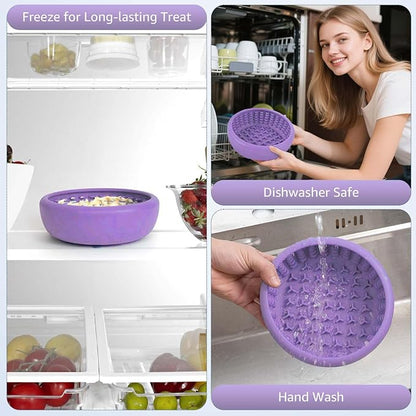 Dog Lick Bowl, ZOURYNUA Non-Slip Slow Feeder Dog Bowls, Enrichment Licking Mat for Distraction, Anxiety Relief Treat Dispenser Freezer, BPA Free Silicone & Dishwasher Safe (Purple, Small)