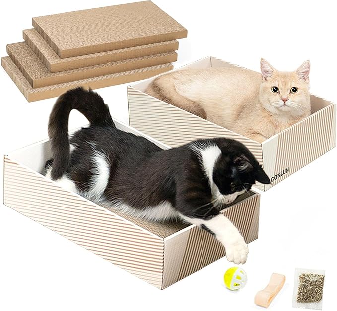 Cat Scratcher Box with 4 Scratching Pads&2 Separate Cardboard Boxes,2-in-1 Cardboard Cat Scratch for Multiple Kitten Interactive Play,Birthdays Holiday Toys Gift,Gradient-Ball Toy