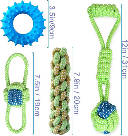 Sunglow Cotton Rope Weaving Dog Toy & Ring Toy Rubber,Cotton Rope Dog Chew Toys,Decompression and Tug Toy for Small Dogs Training Playing Teeth Cleaning (Four Packs)
