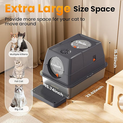 135° Flip-Top Stainless Steel Litter Box with Lid, Extra Large Enclosed Cat Litter Box, Metal Litter Pan with Front & Top Entry, Odor Control, Scoop & Filter Pedal