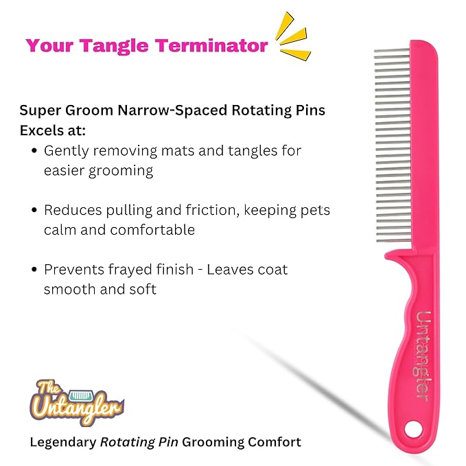 Super-Groom Combs with Smooth Rotating Teeth for Painless Mat Removal (French Rose Pink, 30 Fine-spaced Teeth)