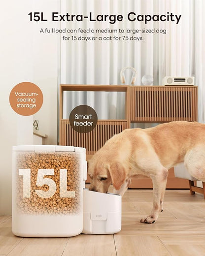 Automatic Dog Feeder for Large Breed, 15L/ 63Cups Vacuum-Sealed Timed Auto Pet Feeder 100% Fresh Airtight, Anti-Clog Pet Food Dispenser for 2-22mm Kibble, Portion Control, Voice Record, Dual Power