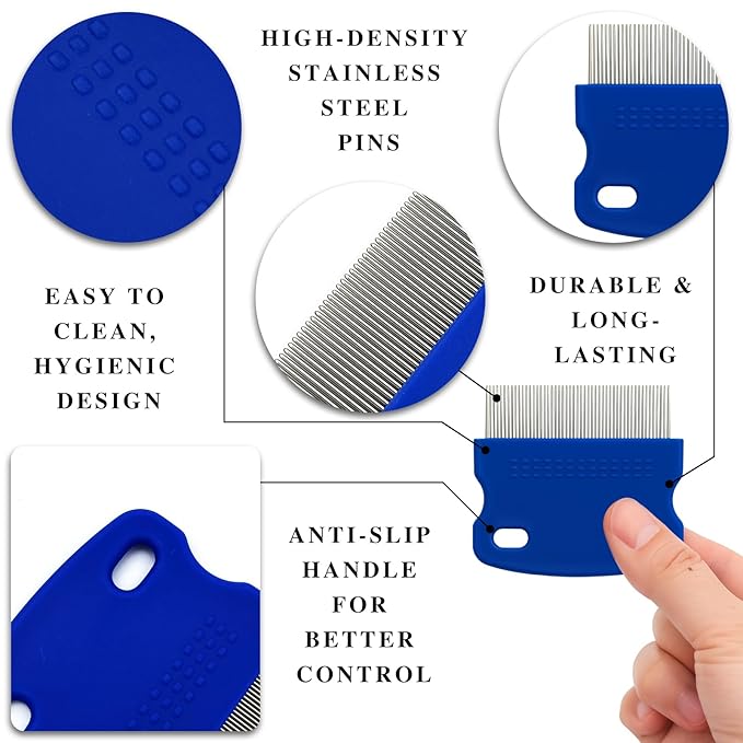 Stainless Steel Flea & Lice Combs for Dogs and Cats, Rounded-Tooth Pet Grooming Tools for All Coat Types, 8 Pieces
