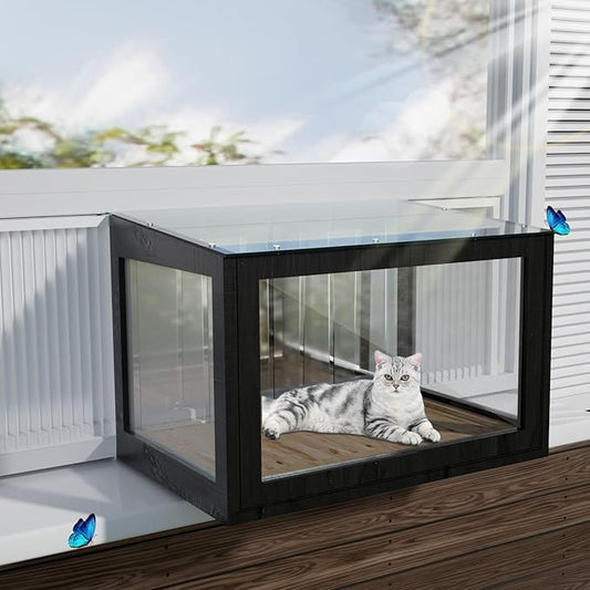 Cat Window Box Weatherproof Catio Outdoor Cat Enclosure Perch with Bug-Proof Wire Grid Fits Double Hung Frames 25.4" to 43.3" Wide Sunbathing Napping Overlooking
