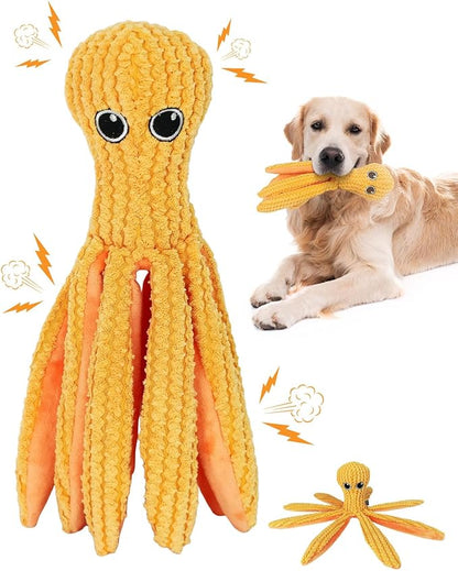 Crinkle Squeaky Dog Toys for Medium Dogs, Durable Plush Chew Toys for Tough Play, Interactive Tug of War Toy, Teething Gift to Keep Them Busy and Relieve Boredom (Yellow Octopus)
