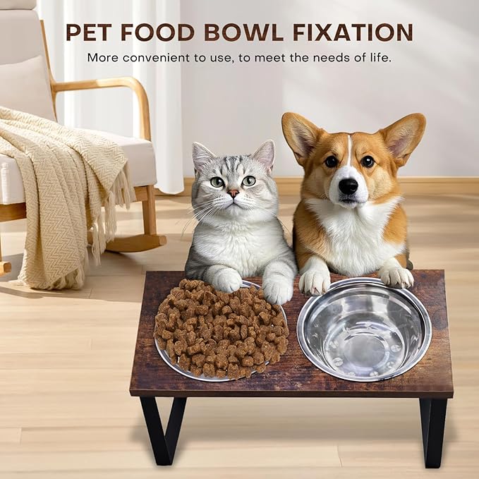 Elevated Dog Food and Water Bowl Set, Large Dog Bowl with Stand, Rustic Wooden Raised Feeder with Stainless Steel Bowls, Tilted Design for Medium and Large Dogs (Black)