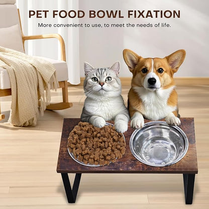 Elevated Dog Food and Water Bowl Set, Large Dog Bowl with Stand, Rustic Wooden Raised Feeder with Stainless Steel Bowls, Tilted Design for Medium and Large Dogs (Black)