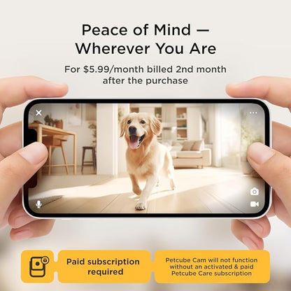 Petcube Cam and Care Coverage Subscription | Indoor Wi-Fi Pet and Security Camera with Phone App, Cats and Dogs Monitor with 2-Way Audio and Video, Night Vision