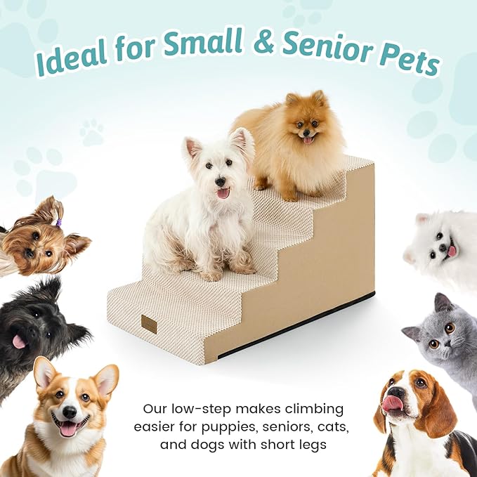 Dog Stairs for Small Dogs 15.7" H, 4-Step Gentle Incline Pet Step for Couch Sofa, Non-Slip Right-Angle Dog Ramp for Puppy Doggie Senior Cats, 15.7x23.6x15.7 Inch, Beige