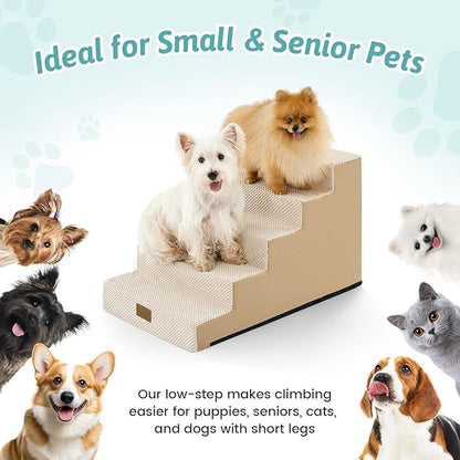 Dog Stairs for Small Dogs 15.7" H, 4-Step Gentle Incline Pet Step for Couch Sofa, Non-Slip Right-Angle Dog Ramp for Puppy Doggie Senior Cats, 15.7x23.6x15.7 Inch, Beige