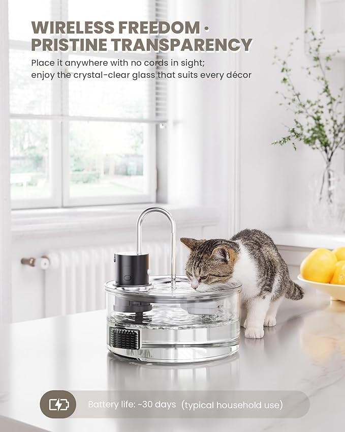 Wireless Cat Water Fountain Glass DIY - 108oz/3.2L Automatic Ultra-Quiet Cat Water Fountain Cordless, Glass Battery Operated Pet Fountain Rechargeable Water Dispenser for Cats, Puppy, Multiple Pets