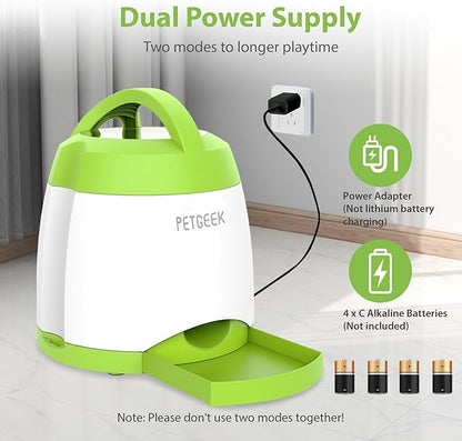 PETGEEK Dog Food Dispenser Toy, Interactive Pet Toys Treat Dispensing for IQ Training, Automatic Dog Treat Dispenser with Button Remote Push, Dual Power Supply for Indoor Outdoor Use, Green Color