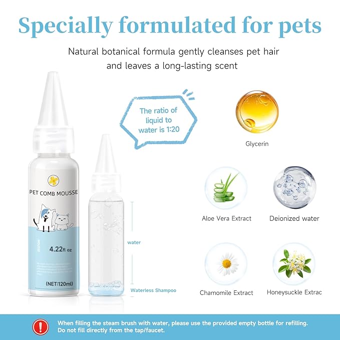 Pet Steam Brush for Dog & Cat – 3-in-1 Spray Hair Removal Comb for Shedding & Grooming, Softens Fur & Reduces Static – Water Brush for Long & Short Coats, Bath-Hating Pets, Includes Waterless Shampoo