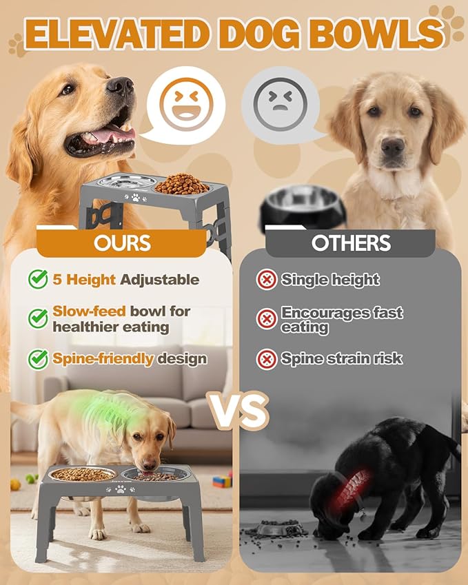 Elevated Dog Bowls for Medium Size Dogs with Mat, Non-Slip Dog Feeder with 1*Stainless Steel Dishes & 1*Slow Feeder Bowl, 5 Heights Adjustable Raised Bowls for 3.15″-8.66″-9.84″-11.02″-12.2″
