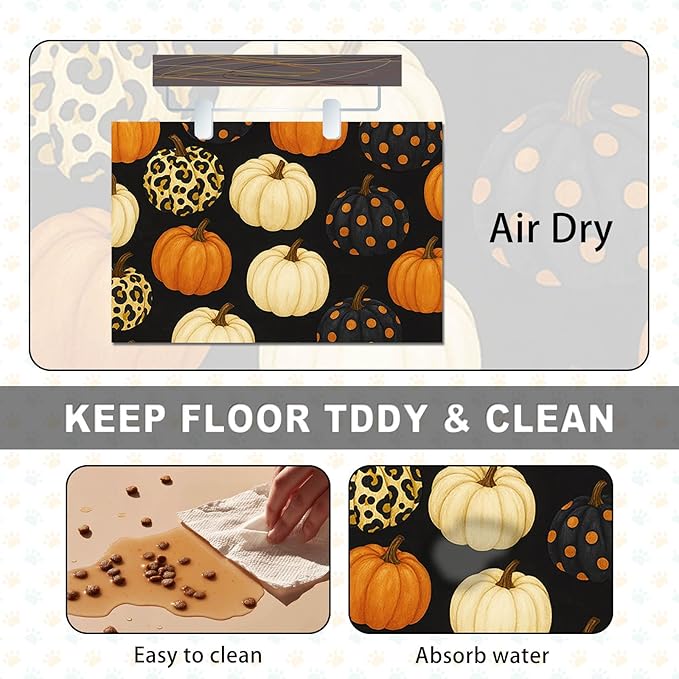 Fall Pumpkin Pet Feeding Mat Thankgiving Theme Dog and Cat Food Mat Non Slip Pet Bowl Mats with Leopard and Polka Dot Pumpkin Design for Autumn Home Kitchen Cat Accessories 24" x 16"