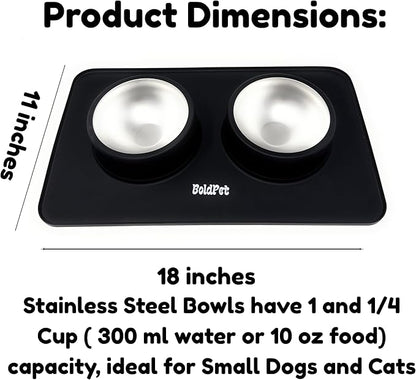 BoldPet® Dog Food and Water Bowl Set - Food Grade,Non-Slip Design Silicone Mat - Includes 2 Removable Stainless Steel Dog Bowls for Small Dogs - Perfect Puppy Bowls Set - Pet Bowls for Dogs and Cats