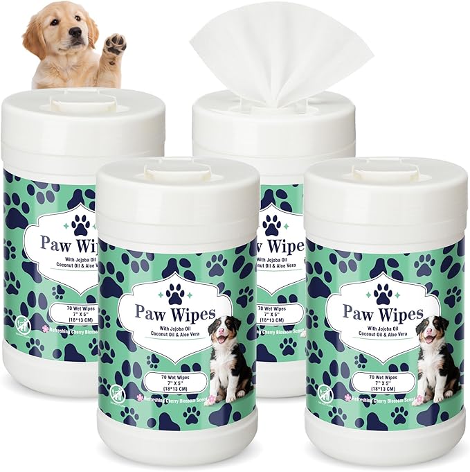 4 Pack Dog Wipes for Paws 5 x 7 Inches Ultra Soft Cotton with Cherry Blossom Scent Gentle Cleansing Pet Wipes for Fresh Smelling Dog After Walks, 280 Per Total