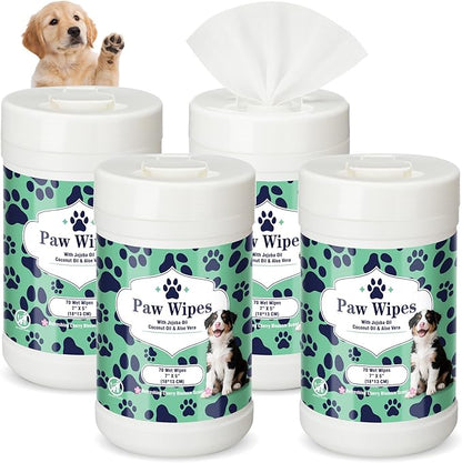 4 Pack Dog Wipes for Paws 5 x 7 Inches Ultra Soft Cotton with Cherry Blossom Scent Gentle Cleansing Pet Wipes for Fresh Smelling Dog After Walks, 280 Per Total