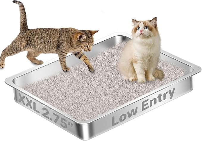 Low Entry Stainless Steel Cat Litter Box for Senior Cats, Extra Large Metal Shallow Litter Box, Easy Access Kitty Litter Pan, Easy Cleaning -23.62'' Lx 15.75'' W x 2.76'' H