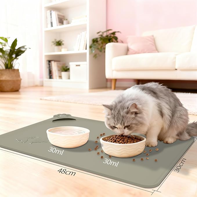 Silicone Pet Food Mat Dog Cat Waterproof Spill Proof Mess Control Easy Clean Floor Protector 18.8L x 11.8W Inch Beige