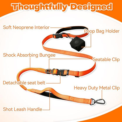 6-in-1 Hands-Free Dog Leash, Waist & Crossbody Bungee Lead with Dual Padded Handles, Bungee Shock Absorbing, Seat Belt Buckle, Reflective for Small Medium Large Dogs, Orange
