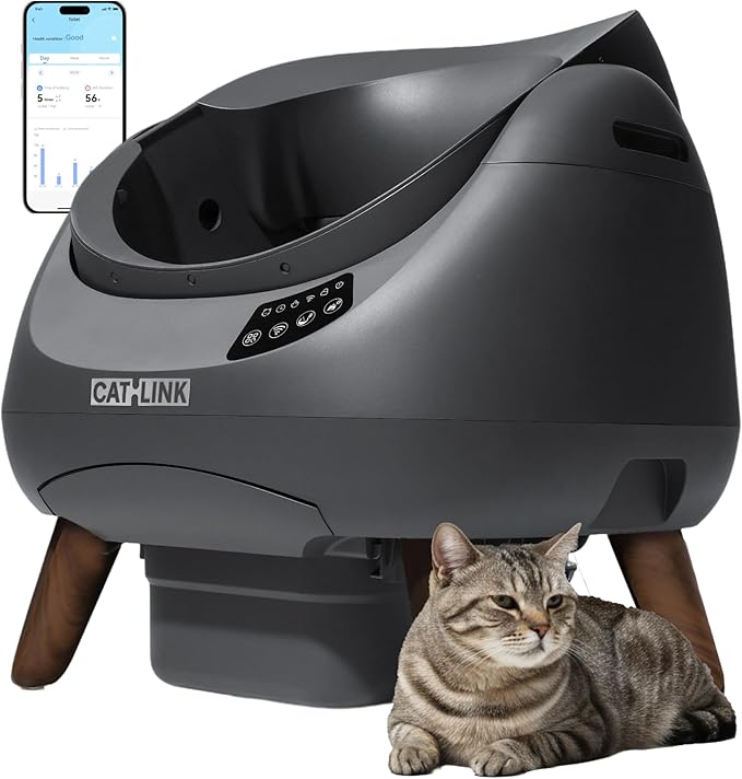 CATLINK Self Cleaning Cat Litter Box Open-X, 5G & 2.4G WiFi, Safe Anti-Pinch Automatic Litter Box Open Top, AI Waste Analysis Health Monitor, App, Odor Free - Grey/Large (Single-Cat Household)