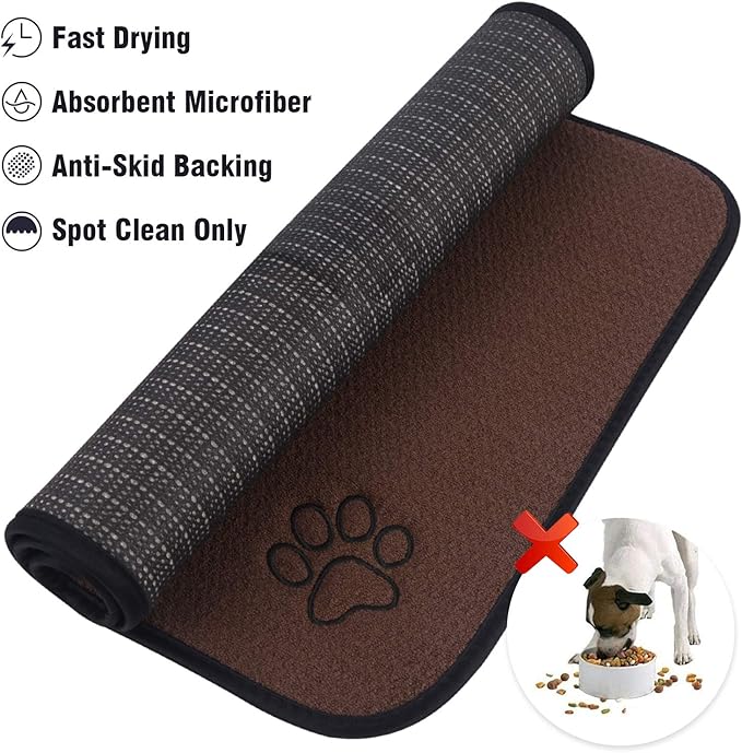 Sinland Microfiber Pet Bowl Food Mat Dish Drying Mat with Anti-Skid Backing 14 Inch x 24 Inch Brown