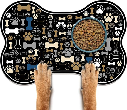 Dog & Cat Food Mat Bone Shaped Pet Feeding Mat Quick Absorb Water Bowl Placemat with Rubber Backing Indoor Floor Stain Resistant Pet Accessory Supplies (Black, 12x24 Inches)