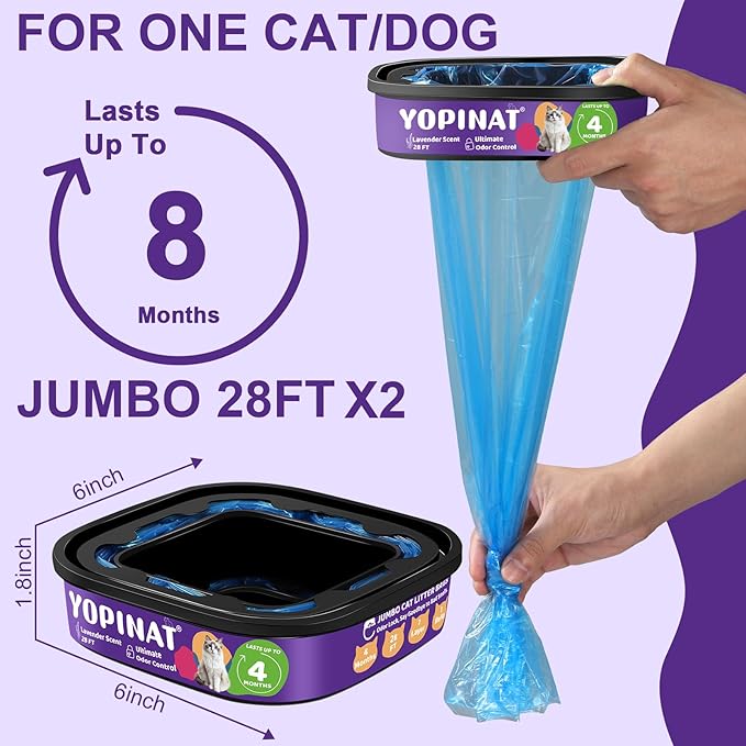 Jumbo Square Refill Bags for Cat 2 Pack - Total 56FT Lasts Up to 8 Months - Superior Odor Control for Dog Poop Cat Litter Bags - Pet Waste Refill Bags Fits Pet Genie and Litter Genie Pails