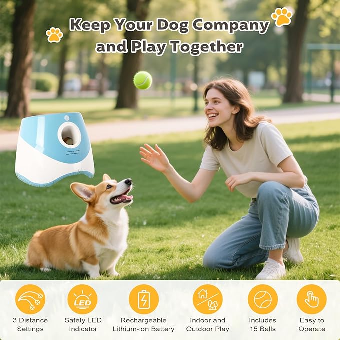 Dollate Automatic Ball Launcher for Small Dogs,Interactive Toys Dog Ball Thrower Machine with 10-30Ft 3 Launching Distance,Indoor & Outdoor with 15 Mini Tennis Balls (2 inch),Blue