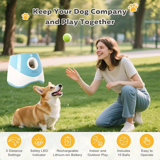 Dollate Automatic Ball Launcher for Small Dogs,Interactive Toys Dog Ball Thrower Machine with 10-30Ft 3 Launching Distance,Indoor & Outdoor with 15 Mini Tennis Balls (2 inch),Blue