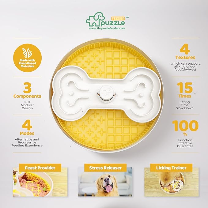Puzzle Feeder Slow Feeder Dog Bowl, Yellow, 9.8 Inches, Nonslip, For Dry, Wet, and Raw Food, Fun and Healthy Mealtime Activity