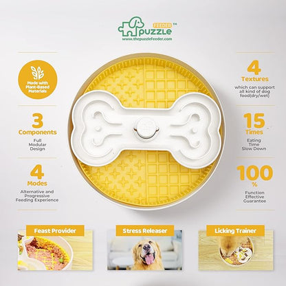 Puzzle Feeder Slow Feeder Dog Bowl, Yellow, 9.8 Inches, Nonslip, For Dry, Wet, and Raw Food, Fun and Healthy Mealtime Activity