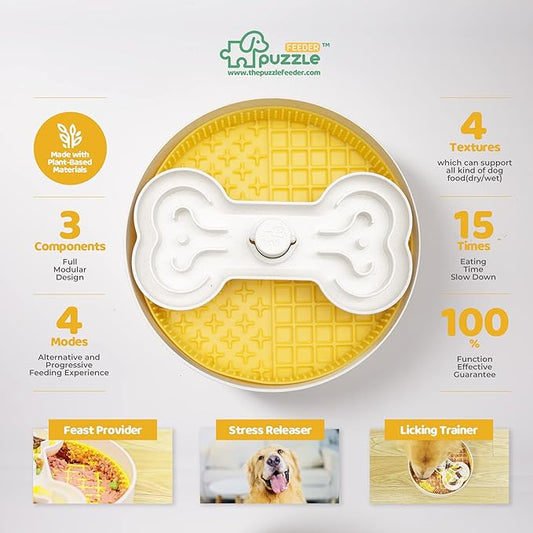 Puzzle Feeder Slow Feeder Dog Bowl, Yellow, 9.8 Inches, Nonslip, For Dry, Wet, and Raw Food, Fun and Healthy Mealtime Activity