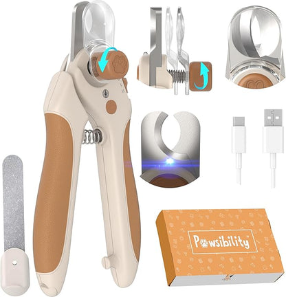 Pet Nail Clipper PRO 2026 - Quick-Vision LED Light | 2-Stage Adjustable Professional-Grade Blade | Adjustable Magnifier Safety Guard - for Cats, Small, Medium and Large Dogs - Brown