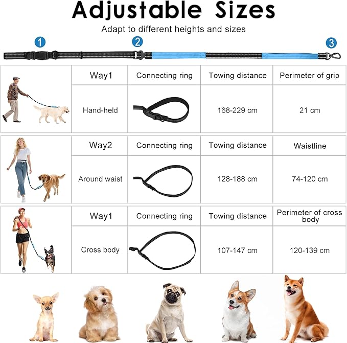 Hands Free Dog Leash, 8.2 FT Waist Leash for Walking, Jogging, Hiking, Adjustable Crossbody Belt with Double Padded Handles, Bungee Car Seatbelt Design for Medium Large Dogs, Black + Blue