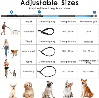 Hands Free Dog Leash, 8.2 FT Waist Leash for Walking, Jogging, Hiking, Adjustable Crossbody Belt with Double Padded Handles, Bungee Car Seatbelt Design for Medium Large Dogs, Black + Blue